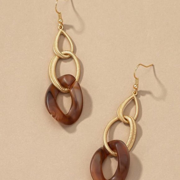 Women Chain Link Dangle Pierced Earrings Brown Marble Pattern Shiny Gold Plating - Picture 2 of 4